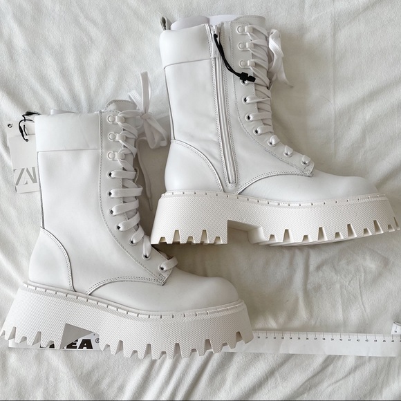 Zara White Lug Sole Lace-Up Leather Ankle Boots Size 37 - Picture 5 of 11